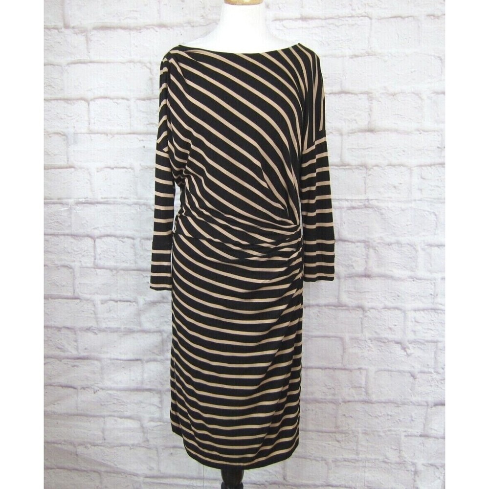 Anthropologie Postmark Black & Tan Striped Boatneck Ruched Side Dress Size Large